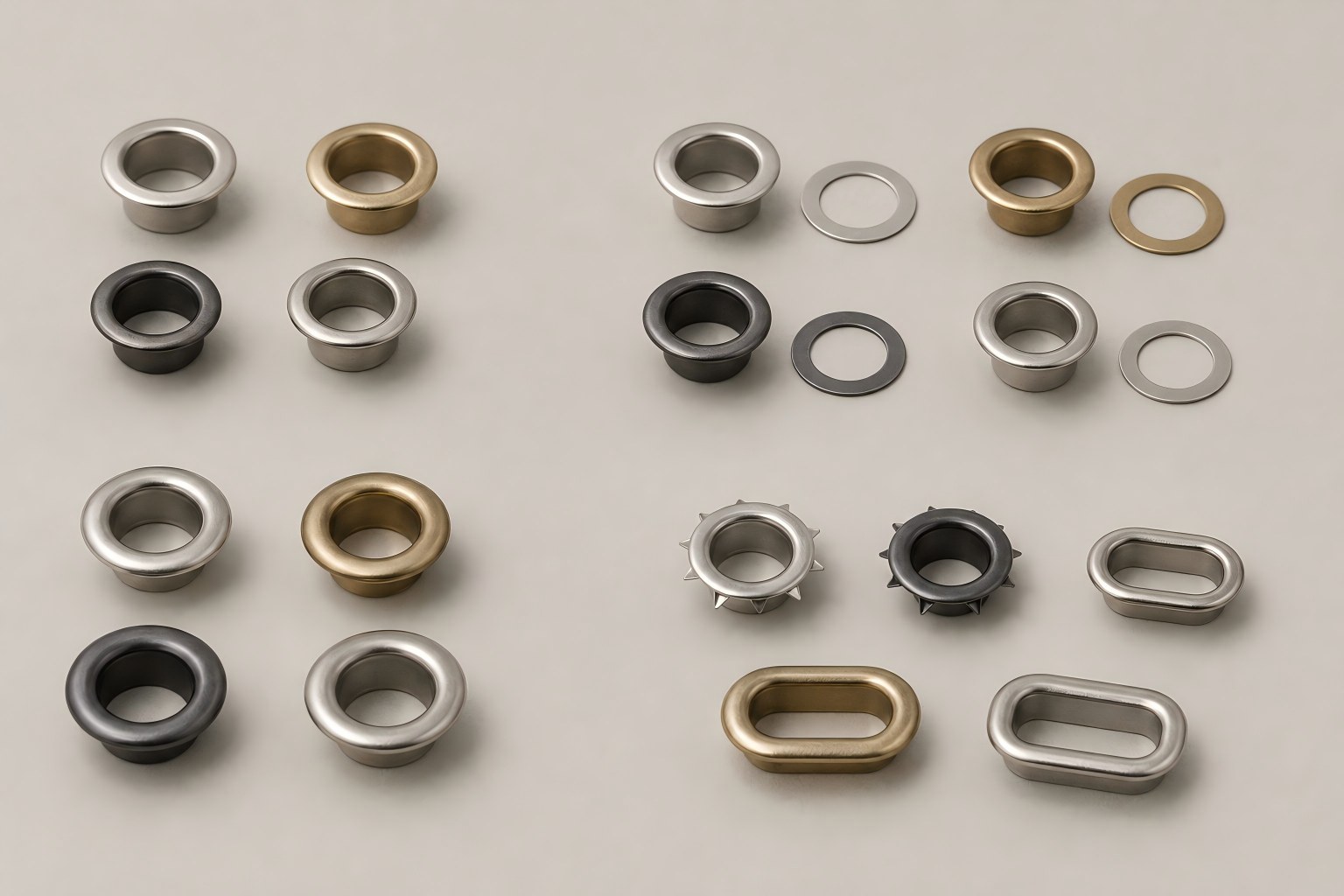 ring grommet, Ring grommet samples in round, toothed and rectangular shapes are displayed in multiple metallic finishes with matching washers.